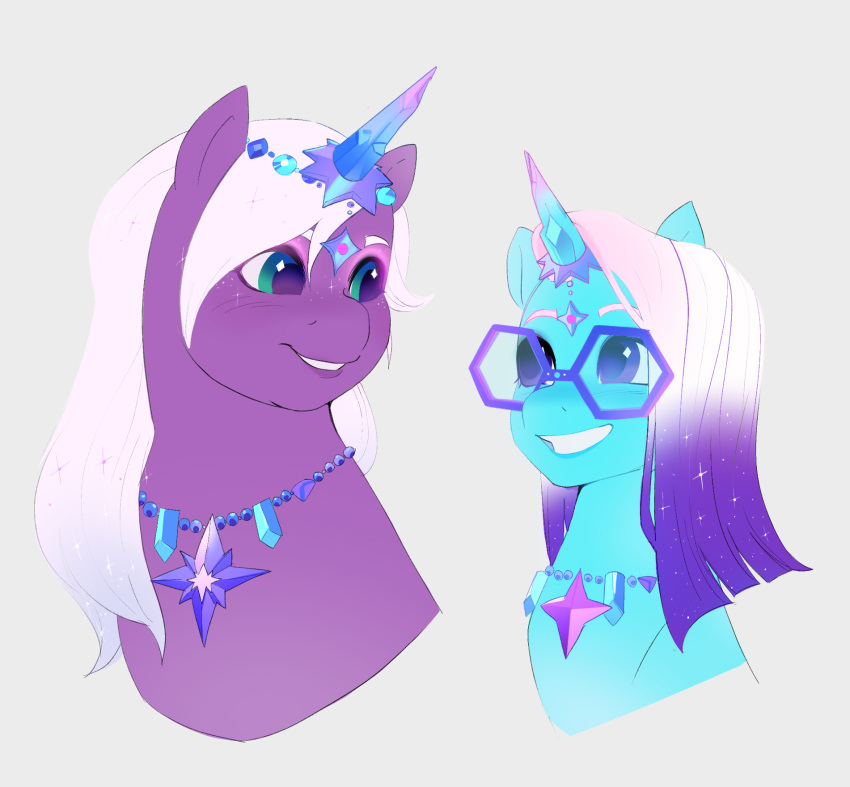 auroricorns aztrial blue_body blue_eyes blue_fur comet_(mlp) equid equine eyewear female fur glasses gradient_hair hair hasbro hi_res horn jewelry male mammal mlp_g5 my_little_pony necklace purple_body purple_fur purple_hair smile sparkles unicorn violet_frost_(mlp) white_hair