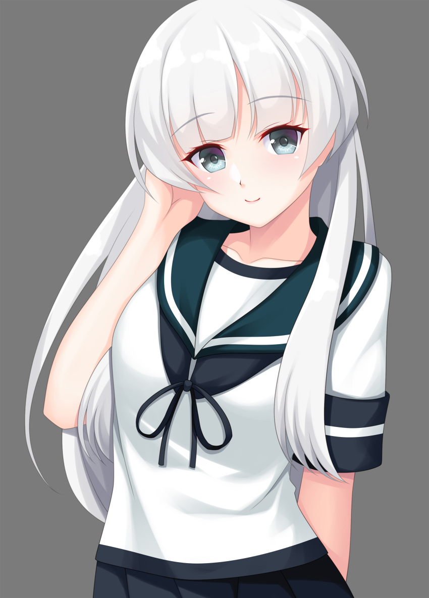 1girl absurdres arm_up blue_sailor_collar blunt_bangs breasts closed_mouth grey_eyes highres kantai_collection long_hair looking_at_viewer ruin_re_birth sailor_collar school_uniform serafuku shirakumo_(kancolle) shirt short_sleeves small_breasts smile solo upper_body white_hair white_shirt