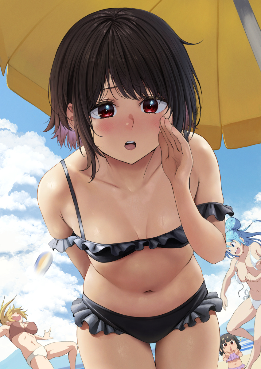 4girls :o alternate_costume aqua_(konosuba) arm_behind_back ball beach beachball bikini black_bikini blush breasts brown_hair cloud collarbone contemporary darkness_(konosuba) frilled_bikini frills hair_bun highres izawa_(bhive003) komekko kono_subarashii_sekai_ni_shukufuku_wo! large_breasts looking_at_another looking_at_viewer megumin mismatched_bikini motion_blur multiple_girls navel outdoors parasol pov red_eyes short_hair single_hair_bun small_breasts stomach swimsuit thigh_gap umbrella untied_bikini wardrobe_malfunction white_bikini