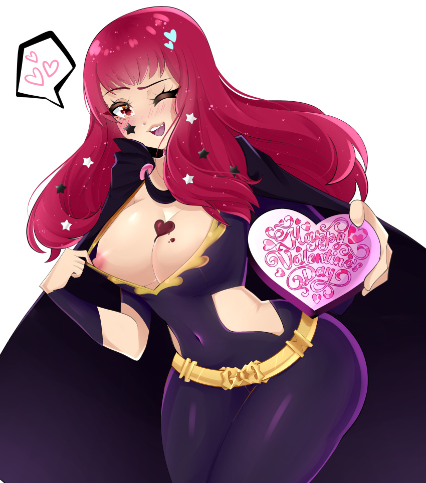 1girl absurdres blush breasts cleavage fire_emblem fire_emblem_engage gold_belt happy_valentine heart highres kyhsoren large_breasts long_hair nipples one_eye_closed red_eyes red_hair simple_background solo spoken_heart white_background yunaka_(fire_emblem)