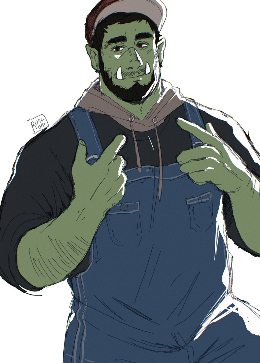 1boy arm_hair bara beard colored_skin cowboy_shot facial_hair green_skin highres hood hood_down looking_at_viewer male_focus mature_male monster_boy muscular muscular_male mustache_stubble orc original overalls pointing pointing_at_self ruslorc short_hair sleeves_rolled_up smile solo thick_eyebrows tusks