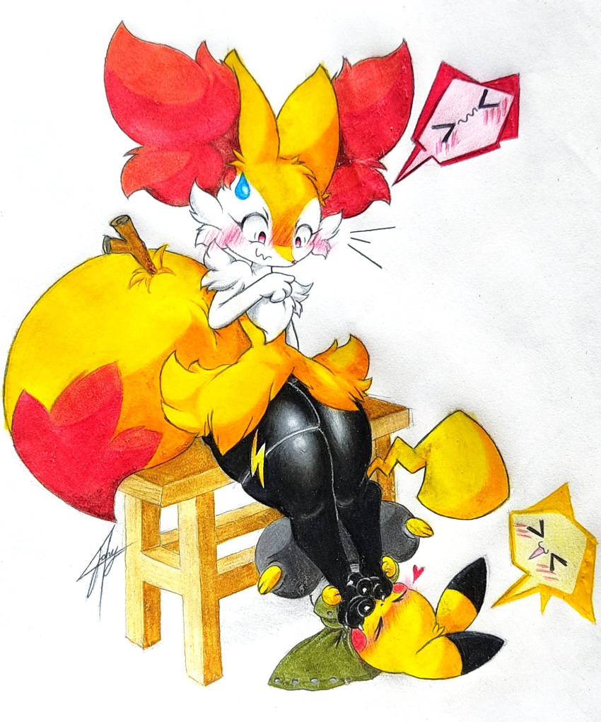 &gt;~&lt; &lt;3 3_toes barefoot blush blush_lines bodily_fluids braixen claws clothed clothing duo eyes_closed feet female fluffy fluffy_tail foot_fetish foot_on_face foot_play fur generation_1_pokemon generation_6_pokemon glistening_thighs hi_res hindpaw jony_chu larger_female lying male male/female nintendo on_back paws pikachu pokemon pokemon_(species) shoulder_tuft signature simple_background sitting size_difference smaller_male sweat sweatdrop tail thick_thighs toe_claws toes tuft wavy_mouth white_background white_body white_fur yellow_body yellow_fur