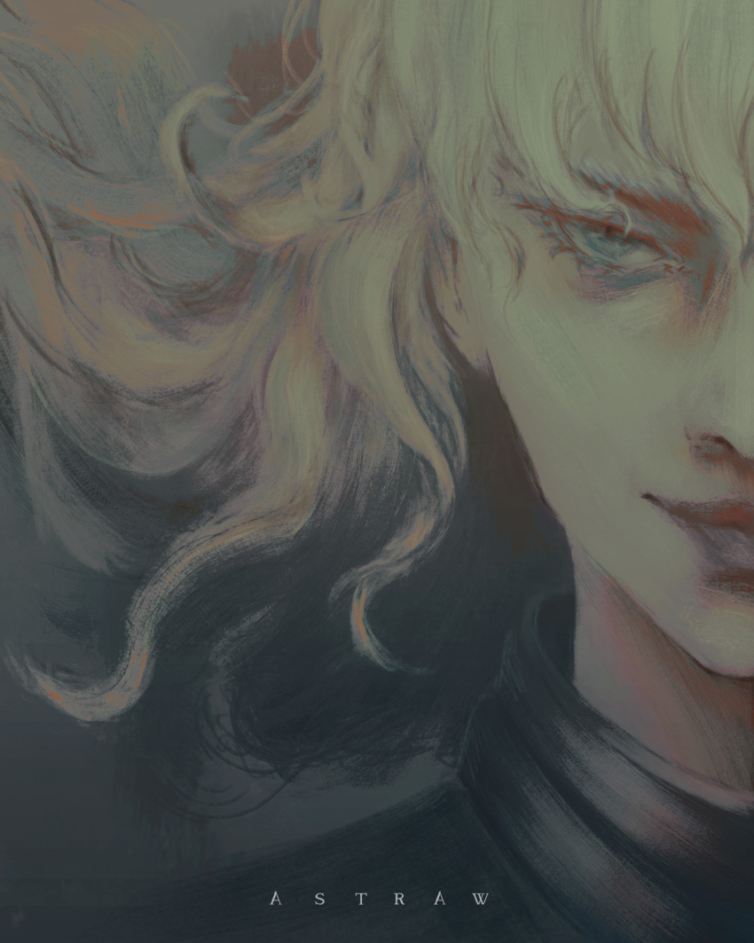 1boy absurdres armor artist_name astraw berserk blue_eyes collar feet_out_of_frame griffith_(berserk) head_out_of_frame highres light_smile long_hair looking_at_viewer mouth_out_of_frame out_of_frame portrait smile solo wavy_hair white_hair