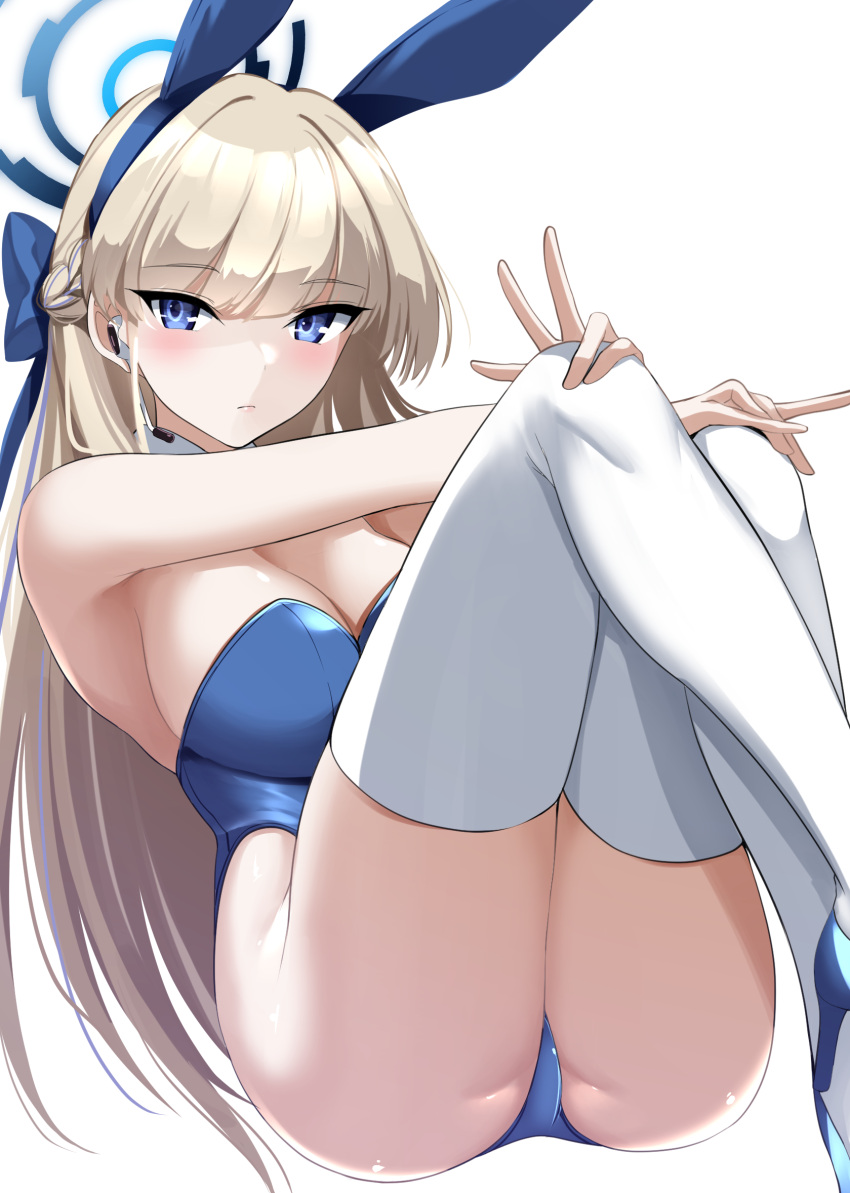 1girl akihila animal_ears ass blonde_hair blue_archive blue_eyes blue_leotard breasts detached_collar fake_animal_ears highres leotard long_hair looking_at_viewer medium_breasts official_alternate_costume playboy_bunny rabbit_ears solo strapless strapless_leotard thighhighs thighs toki_(blue_archive) toki_(bunny)_(blue_archive) white_background wrist_cuffs