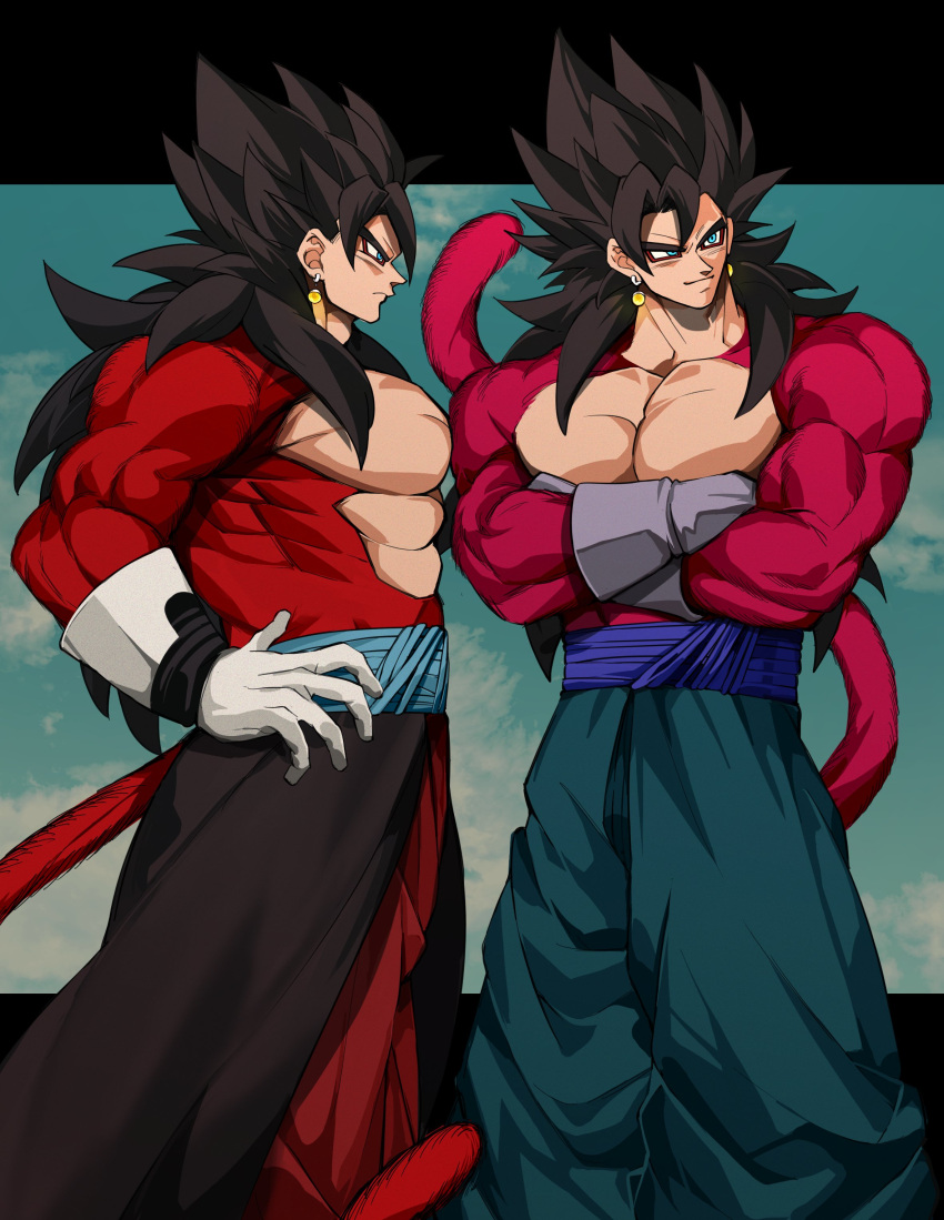 absurdres biceps black_hair blue_eyes blue_sash body_fur crossed_arms dragon_ball dragon_ball_gt dragon_ball_heroes earrings gigatan_d gloves highres jewelry long_hair male_focus monkey_boy monkey_tail muscular muscular_male no_nipples pants pectorals potara_earrings red_fur saiyan sash spiked_hair super_saiyan super_saiyan_4 tail vegetto vegetto_(xeno) white_gloves