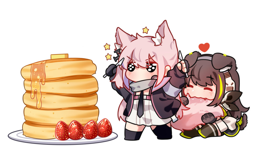 2girls animal_ear_fluff animal_ears arms_up biting black_gloves black_jacket black_necktie black_thighhighs blush brown_hair butter chibi closed_eyes dog_ears dog_girl dog_tail dress dual_wielding extra_ears fang fang_out fingerless_gloves floppy_ears food fruit girls'_frontline gloves hair_ornament heart highres holding holding_knife jacket kemonomimi_mode knife long_hair long_sleeves m4a1_(girls'_frontline) multicolored_hair multiple_girls necktie no_mouth open_clothes open_jacket pancake pancake_stack pink_hair simple_background single_fingerless_glove sitting st_ar-15_(girls'_frontline) standing star_(symbol) strawberry streaked_hair syrup tail tail_biting thighhighs v-shaped_eyebrows white_background white_dress wolf_ears wolf_girl wolf_tail yuutama2804