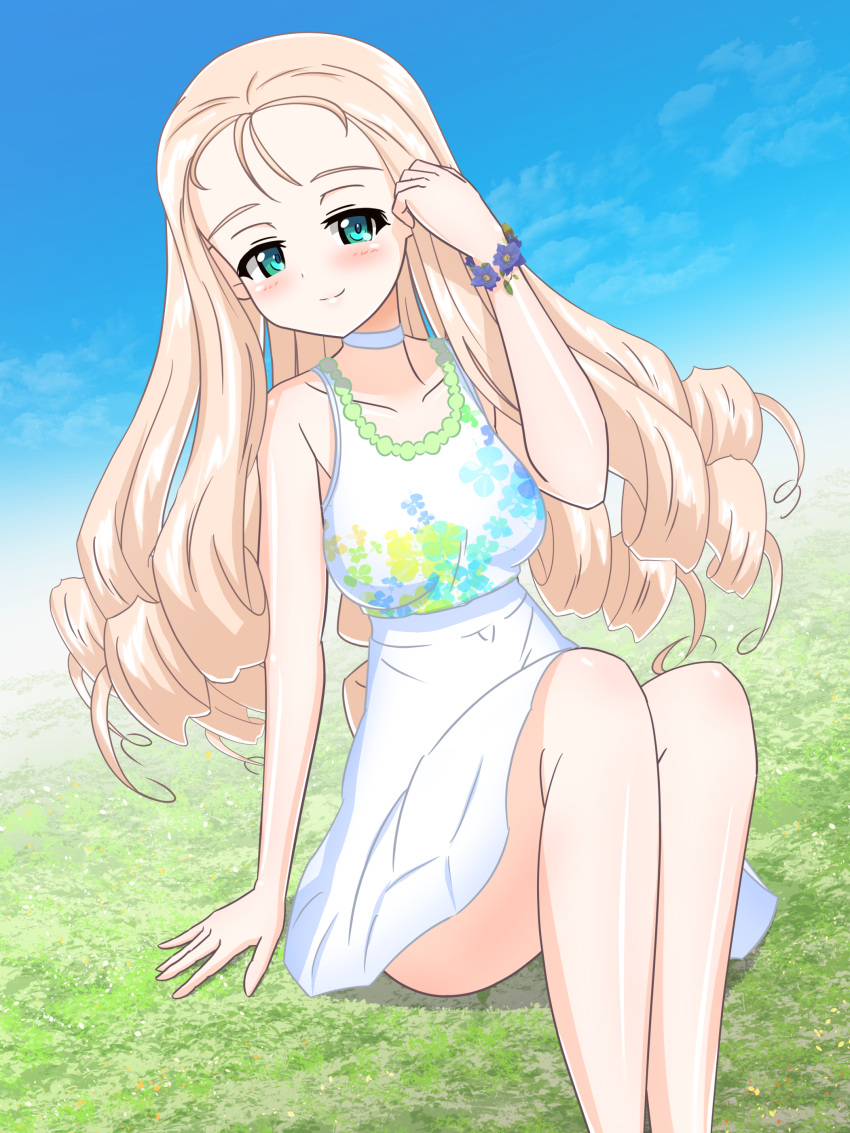 1girl absurdres blonde_hair blue_sky blush bracelet casual choker closed_mouth cloud cloudy_sky commentary day dress drill_hair earlobe1514366 girls_und_panzer grass green_eyes half-closed_eyes hand_in_own_hair head_tilt highres jewelry long_hair looking_at_viewer marie_(girls_und_panzer) outdoors short_dress sitting sky smile solo sundress textless_version white_choker