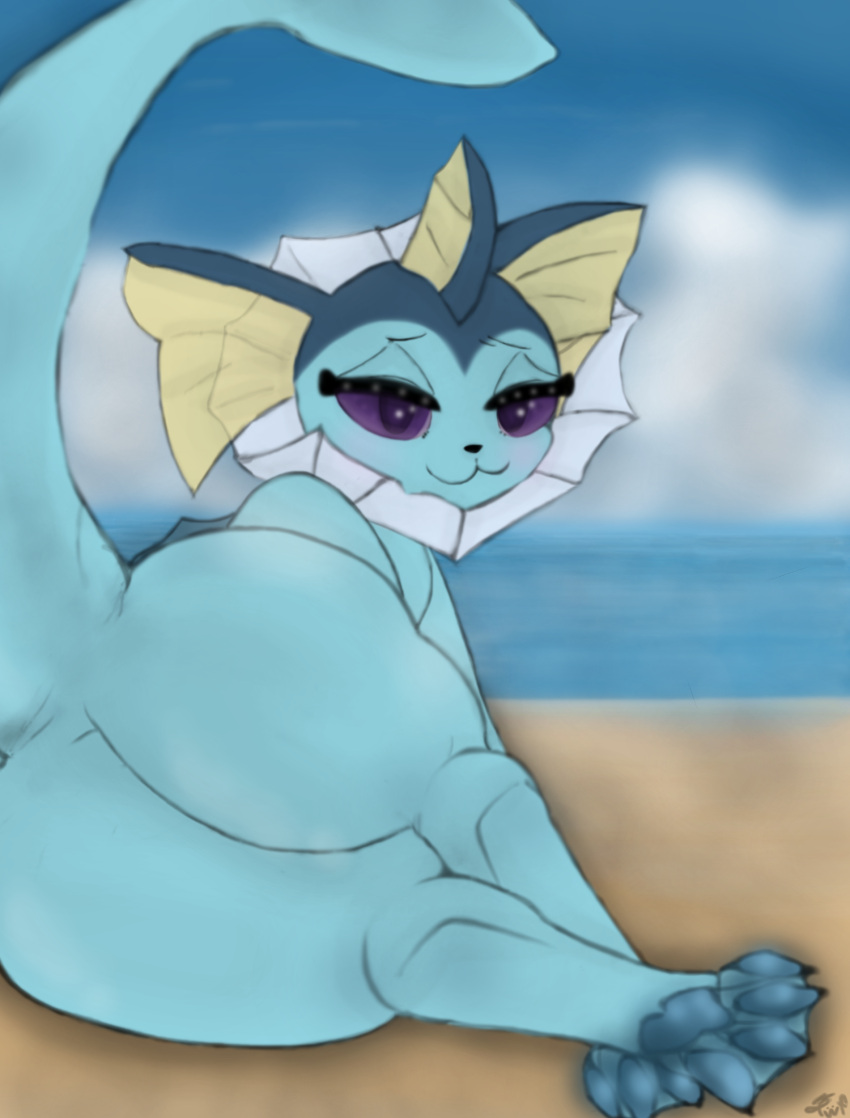 absurd_res beach blue_body blue_paws blue_skin blush butt cloud eeveelution female feral fin frill_(anatomy) generation_1_pokemon hi_res looking_at_viewer lying nintendo on_side pawpads paws pokemon pokemon_(species) purple_eyes purple_sclera seaside sky smile solo tail twf vaporeon