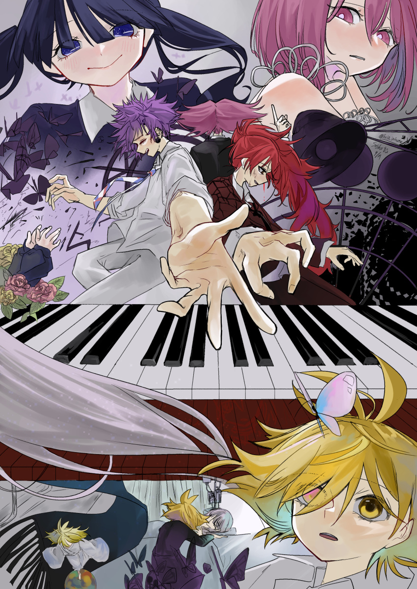 3girls 4boys absurdres aged_down ahoge black_butterfly black_hair blonde_hair blue_eyes bug butterfly flower foreshortening frill_inferno furusu_ako grey_hair heterochromia highres hino_sadame instrument intravenous_drip mother_and_son multiple_boys multiple_girls otogami_don otogami_fanta piano pink_eyes pink_hair pppppp purple_hair red_hair smile sonoda_lucky twintails yamanaka_meloli