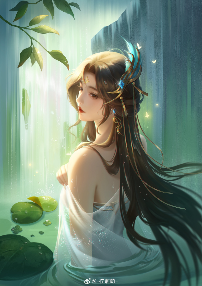 1girl absurdres bare_shoulders brown_hair closed_mouth doupo_cangqiong dress earrings expressionless facial_mark forehead_mark gleam gu_xun_er_(doupo_cangqiong) hair_ornament highres in_water jewelry leaf lily_pad long_hair ning_mengmeng second-party_source solo upper_body water waterfall white_dress