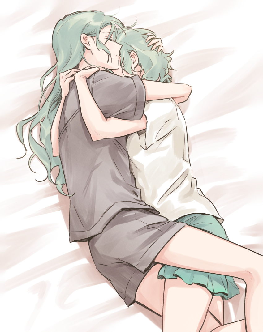 2girls absurdres bang_dream! bare_arms bare_legs bed closed_eyes closed_mouth commentary feet green_hair green_skirt grey_shirt grey_shorts hand_on_another's_head highres hikawa_hina hikawa_sayo hug incest indoors leg_between_thighs long_hair lying multiple_girls on_bed on_side shirt short_sleeves shorts siblings sisters skirt sleeping t-shirt twincest twins white_shirt yuri zihacheol