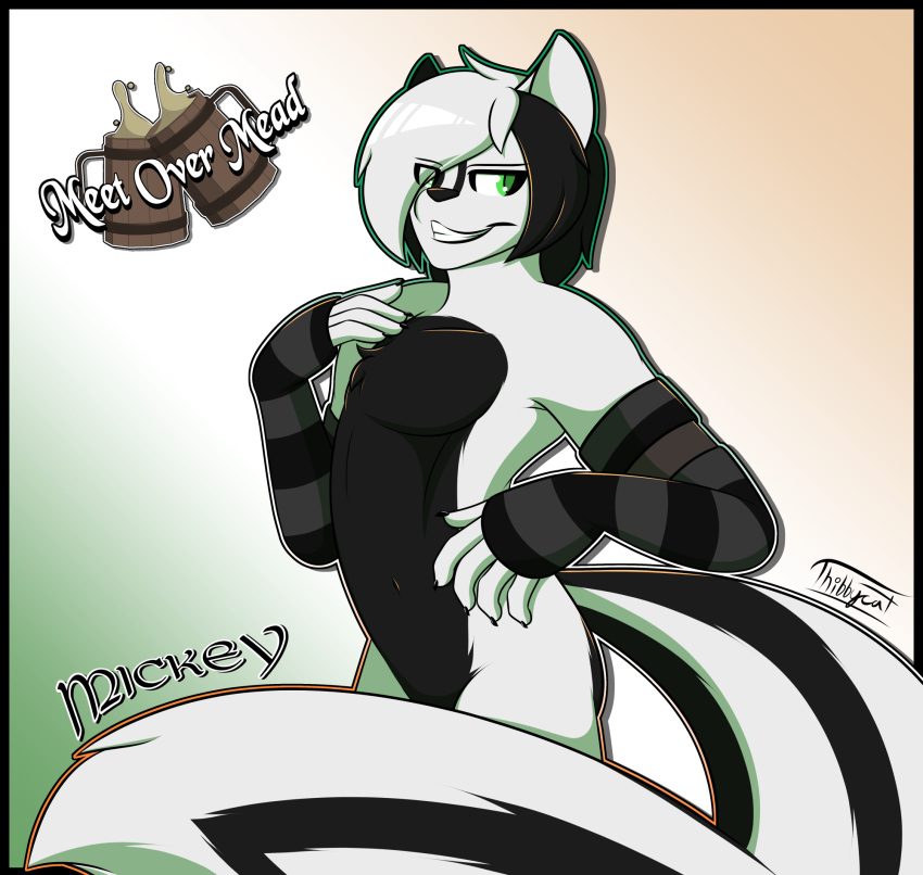 anthro black_hair black_markings censored censored_genitalia claws clothed clothed/nude clothing fur green_eyes hair hi_res irish irish_flag long_sleeves looking_at_viewer male mammal markings mephitid mickey_(thibbycat) nude skunk solo thibbycat toothy_grin white_body white_fur white_hair