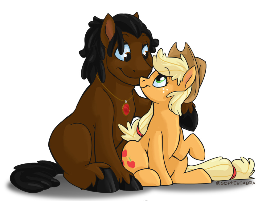 alternate_species applejack_(mlp) black_mane blonde_mane brown_body brown_eyes brown_fur clothing cowboy_hat cuddling cutie_mark dreadlocks duo earth_pony equid equine eye_contact eyebrow_through_hair eyebrows eyelashes female feral freckles friendship_is_magic fur green_eyes hair hasbro hat headgear headwear hi_res horse jewelry looking_at_another male male/female mammal mane my_little_pony necklace orange_body orange_fur pony quentin_(zylo24) smile sophiecabra translucent translucent_hair