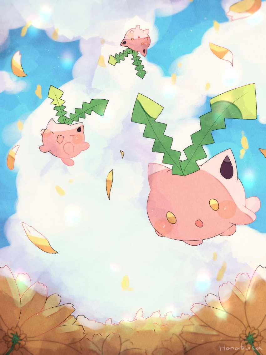 :d :o animal_focus artist_name blue_sky closed_eyes cloud colored_skin commentary_request falling_leaves floating flower hanabusaoekaki highres hoppip leaf no_humans pink_skin pokemon pokemon_(creature) sky smile upside-down yellow_eyes yellow_flower