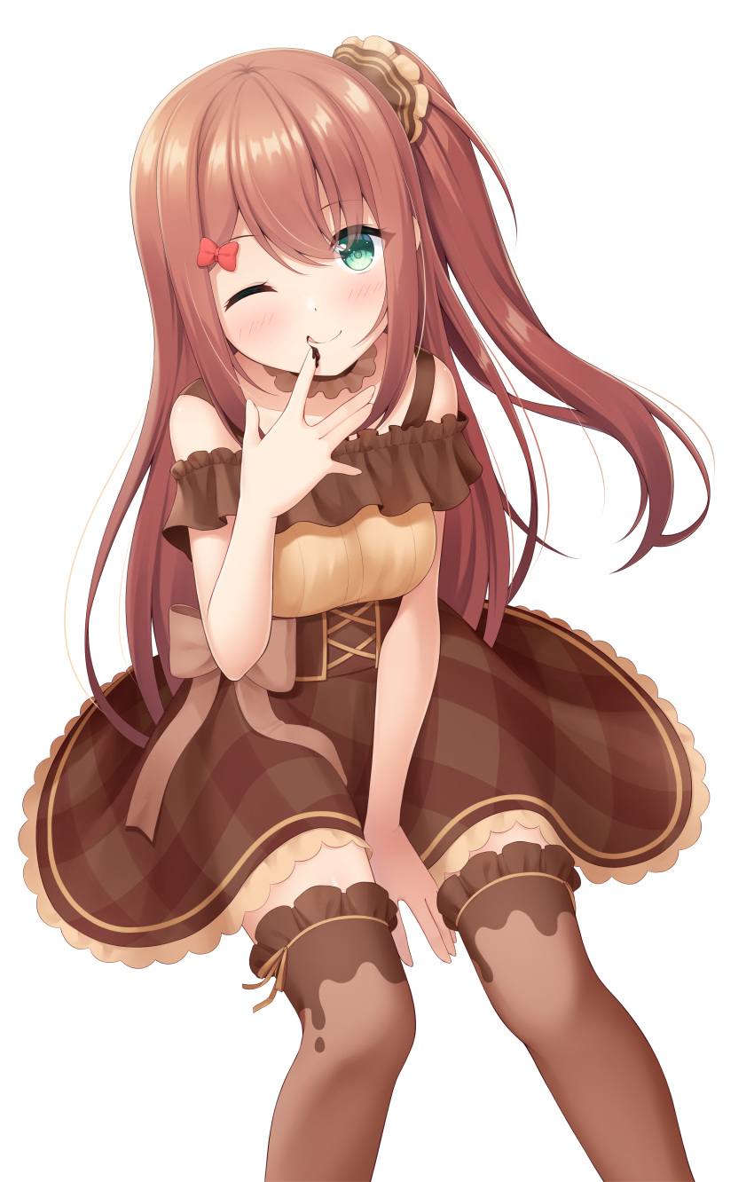 1girl 7fuji_06 absurdres between_legs blue_eyes blush bow brown_hair chocolate chocolate_on_hand collar detached_collar dress flower food food_on_hand frilled_collar frilled_thighhighs frills hair_bow hair_ornament hair_scrunchie hand_between_legs hand_to_own_mouth highres invisible_chair long_hair looking_at_viewer on_food one_eye_closed one_side_up original plaid plaid_dress rose scrunchie sitting smile solo thighhighs underbust valentine very_long_hair