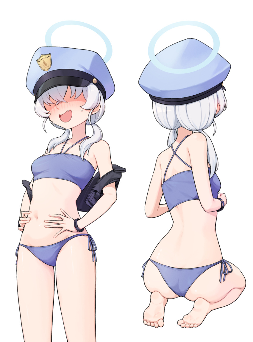 1girl :d absurdres ass barefoot bikini blue_archive blue_bikini blush chuo8008 hair_over_eyes halo hat highres multiple_views seiza simple_background sitting smile sweatdrop swimsuit valkyrie_police_academy_student white_background