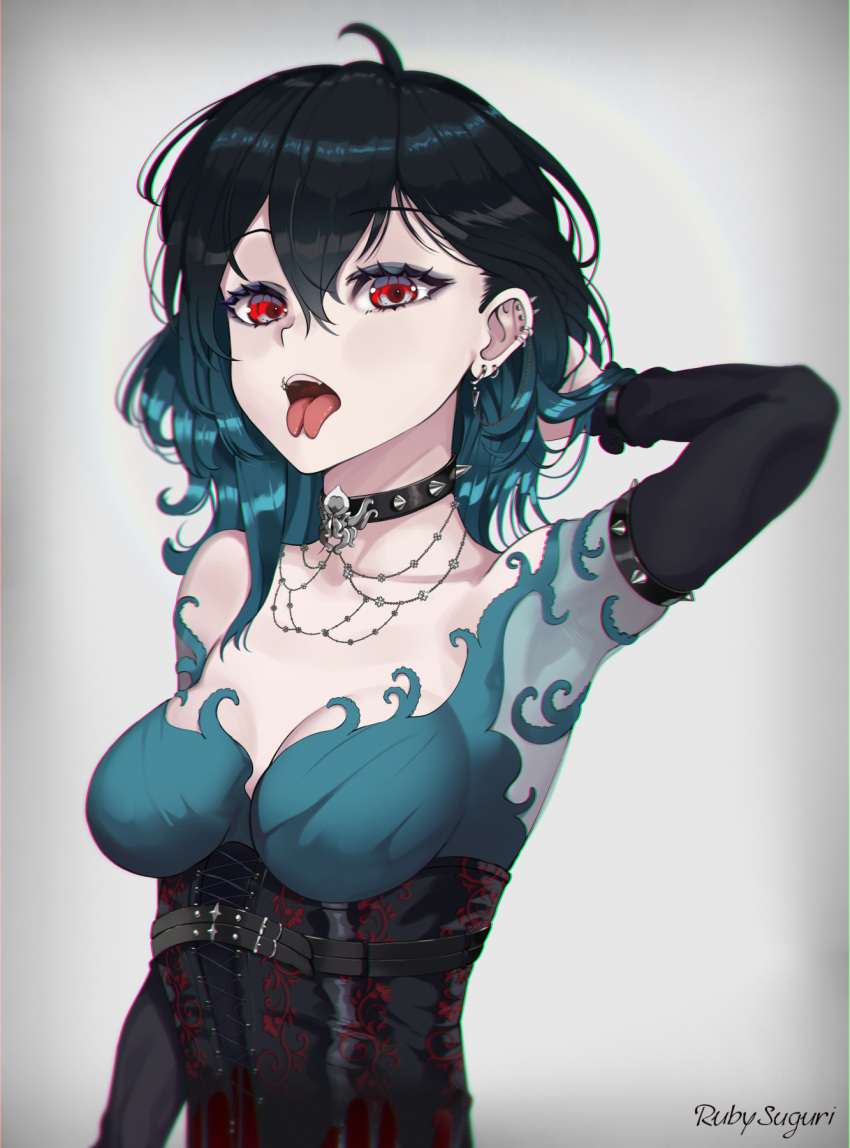 1girl ahoge armpits black_corset black_hair black_sleeves blue_hair breasts brooch choker collarbone corset ear_piercing earrings forked_tongue gothic gradient_hair hair_between_eyes hand_in_own_hair highres indie_virtual_youtuber jewelry kuraishi_soleanna long_hair multicolored_hair necklace piercing red_eyes ruby_suguri signature solo spiked_choker spikes tongue upper_body virtual_youtuber