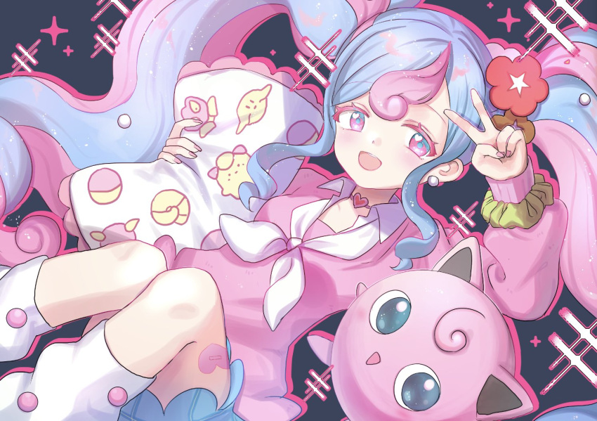 1girl :d b_(bb79836) blue_eyes blue_hair blue_skirt choker colored_eyelashes curly_hair drop_shadow earrings fairy_miku_(project_voltage) flower hair_flower hair_ornament hands_up hatsune_miku heart heart_choker holding holding_pillow jewelry jigglypuff knees_up long_hair long_sleeves looking_at_viewer loose_socks miniskirt multicolored_hair nail_polish neckerchief open_mouth pillow pink_choker pink_eyes pink_hair pink_nails pink_sweater pokemon pokemon_(creature) project_voltage red_flower scrunchie sidelocks skirt smile socks sparkle sweater twintails two-tone_hair v very_long_hair vocaloid white_neckerchief white_socks wrist_scrunchie yellow_flower yellow_scrunchie