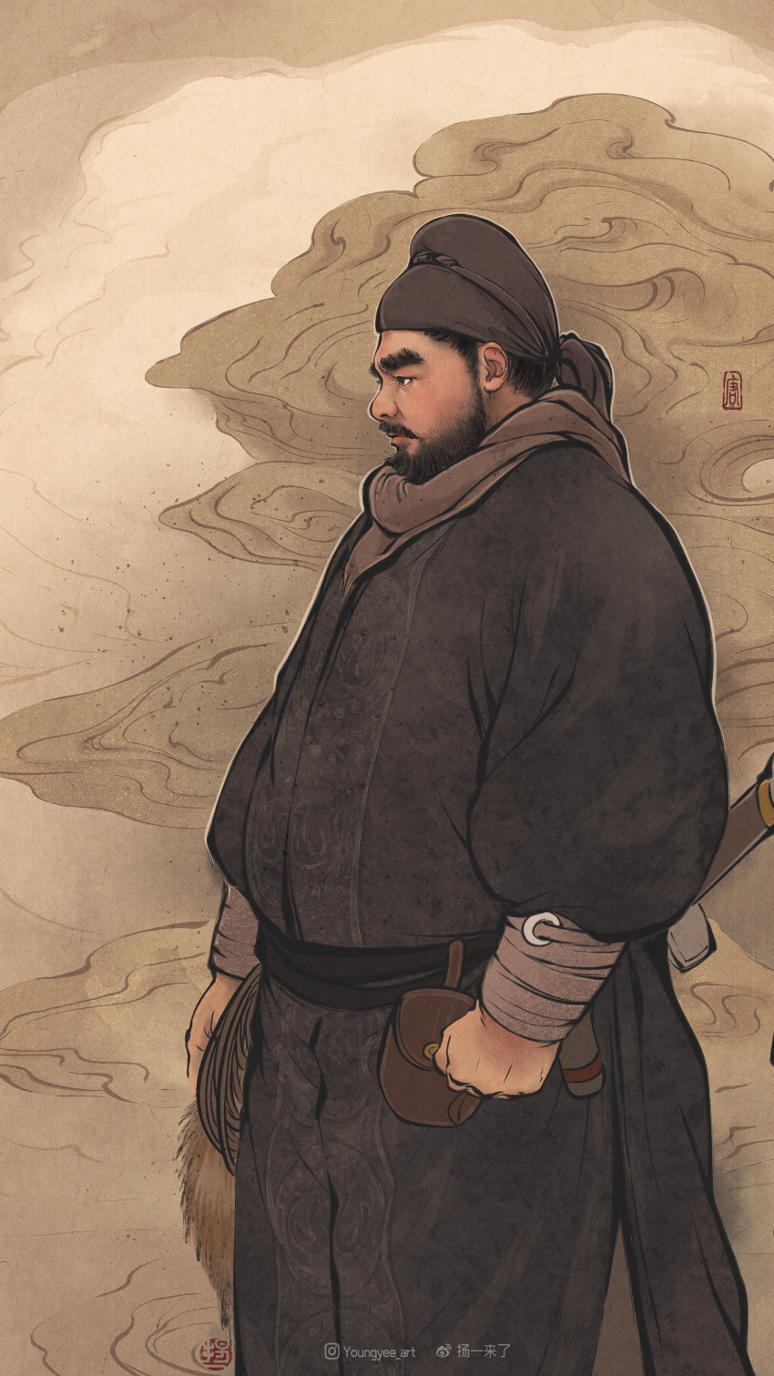 1boy absurdres asian bara beard chinese_clothes cloud costume_request expressionless facial_hair feet_out_of_frame from_side hanfu highres looking_ahead male_focus mature_male original short_hair solo standing thick_eyebrows thick_mustache youngyee_art