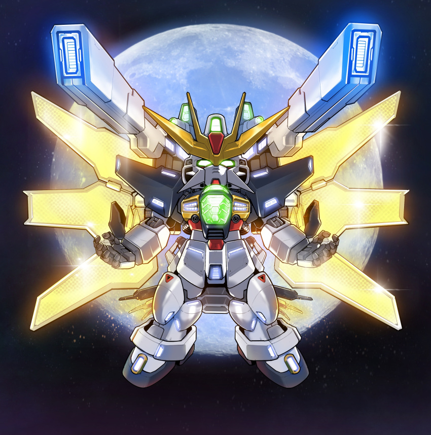 absurdres after_war_gundam_x beam_cannon chibi english_commentary floating full_body full_moon glowing glowing_eyes green_eyes gundam gundam_double_x highres light_particles looking_at_viewer mecha mobile_suit moon no_humans robot satellite_cannon science_fiction sd_gundam solo space v-fin weapon zakuma