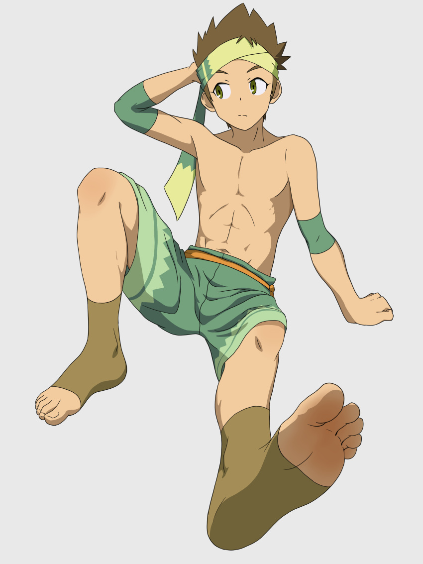 1boy absurdres barefoot bishounen brown_hair feet full_body ghostf14 green_scarf green_shorts grey_background hair_between_eyes highres kono_yuusha_ga_ore_tueee_kuse_ni_shinchou_sugiru legs male_focus mash_(kono_yuusha_ga_ore_tueee_kuse_ni_shinchou_sugiru) scarf shorts soles solo toenails toes topless_male