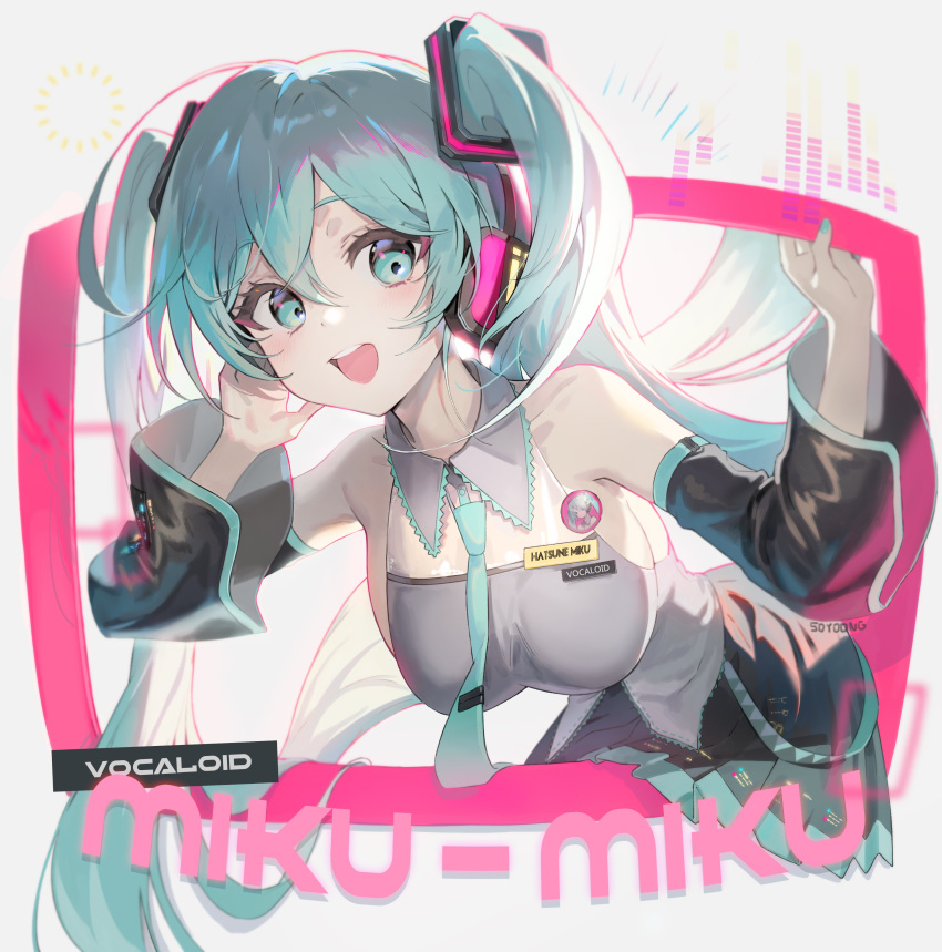 1girl absurdres aqua_eyes aqua_hair bare_shoulders black_skirt breasts collared_shirt detached_sleeves grey_shirt hair_ornament hands_up hatsune_miku headphones highres large_breasts leaning_forward long_hair long_sleeves looking_at_viewer miku_day necktie open_mouth pleated_skirt shirt skirt sleeveless sleeveless_shirt smile solo soyoong_jun twintails very_long_hair vocaloid