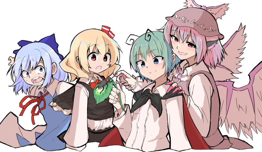 4girls blonde_hair blue_eyes blue_hair cirno green_eyes green_hair highres multiple_girls mystia_lorelei pink_hair red_eyes rumia shinmon_akika short_hair simple_background team_9 touhou white_background wriggle_nightbug