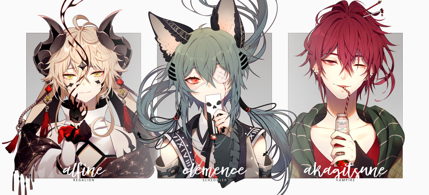 1boy 1girl 1other akagitsune_(hen-tie) alfine_(hen-tie) androgynous animal_ears aqua_hair bare_shoulders bishounen black_gloves black_jacket black_ribbon blonde_hair blood border bottle cellphone character_name cleavage_cutout clemence_(hen-tie) closed_mouth clothing_cutout collarbone collared_jacket covering_mouth darkness detached_sleeves diamond_hair_ornament diamond_on_cheek drinking drinking_straw earrings english_commentary english_text eyelashes eyepatch floating_hair forehead_jewel frilled_sleeves frills gloves green_jacket grey_background grey_horns hair_ornament half-closed_eye hand_up heart hen-tie highres holding holding_bottle holding_phone hood hood_down hooded_jacket horns jacket jewelry long_hair long_sleeves low_twintails marking_on_cheek medical_eyepatch one-eyed one_eye_closed open_clothes open_jacket open_mouth original outstretched_hand pectoral_cleavage pectorals phone pink_eyes puffy_long_sleeves puffy_sleeves red_gloves red_hair red_shirt regalion ribbon shirt short_hair shoulder_tattoo skull_print sleeveless sleeveless_jacket sleeveless_turtleneck smartphone smile star_(symbol) star_print strap tassel tassel_earrings tassel_hair_ornament tattoo turtleneck twintails two-tone_gloves upper_body v-neck vampire white_border white_shirt white_sleeves white_trim wide_sleeves wolf_ears yellow_eyes