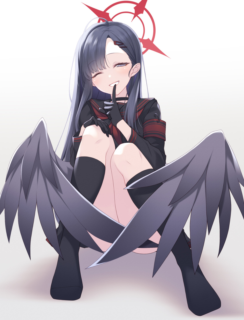 1girl ;d absurdres armband black_eyes black_gloves black_hair black_socks black_wings blue_archive duplicate finger_to_mouth gloves hair_ornament hairclip halo highres ichika_(blue_archive) kneehighs knees_up long_hair long_sleeves looking_at_viewer midorino_eni one_eye_closed pixel-perfect_duplicate red_armband safety_pin sidelocks sitting smile socks solo white_background wings