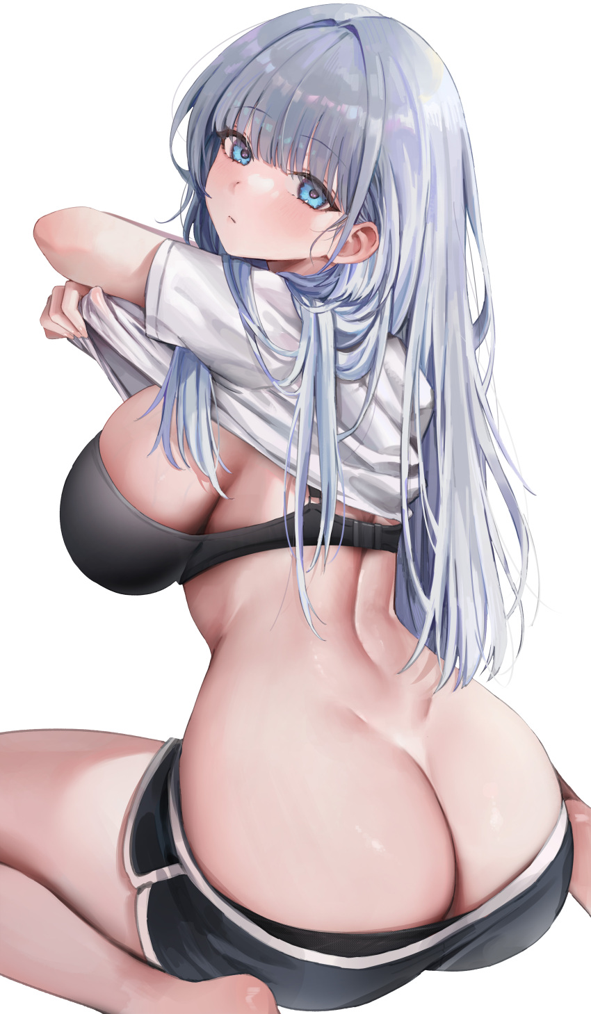1girl absurdres ass barefoot black_bra blue_eyes blush bra breasts closed_mouth from_behind gompang_11 grey_hair highres large_breasts long_hair looking_at_viewer looking_back original shirt solo thighs underwear undressing white_background white_shirt
