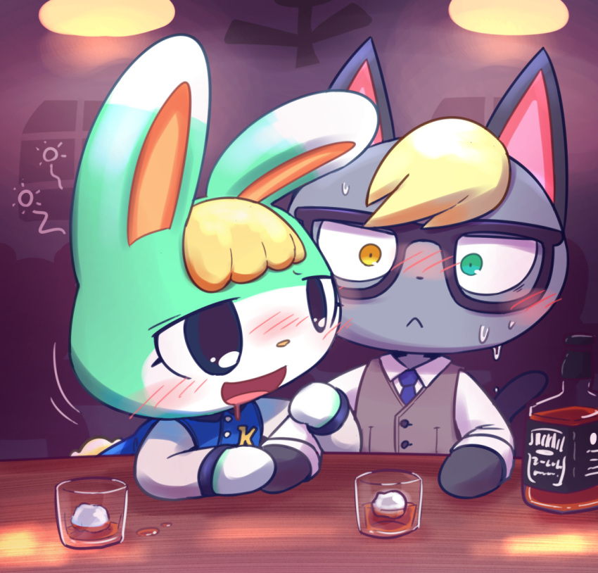 2boys :&lt; :d alcohol animal_crossing arm_hug black-framed_eyewear black_eyes blonde_hair blue_jacket blue_necktie blush buro_(block) buttons cat_boy closed_mouth collared_shirt commentary_request counter cup dress_shirt drooling drunk furry furry_male glasses green_eyes grey_vest heterochromia ice ice_cube indoors jacket letterman_jacket long_sleeves looking_at_another looking_at_viewer male_focus multiple_boys necktie nervous night nose_blush open_mouth rabbit_boy raymond_(animal_crossing) sasha_(animal_crossing) shirt smile sweat tumbler_glass vest white_shirt window wing_collar yaoi yellow_eyes