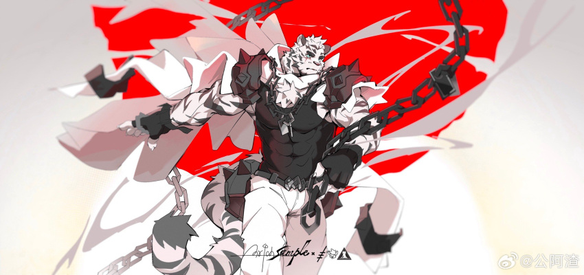 1boy animal_ears arknights bara belt black_shirt brass_knuckles chain chain_necklace chinese_commentary claws fingerless_gloves furry furry_male gloves gong_a_zha highres holding holding_chain jewelry looking_to_the_side male_focus mountain_(arknights) multiple_scars muscular muscular_male necklace pants scar scar_across_eye scar_on_face shirt spiked_pauldrons tail tiger_boy tiger_ears tiger_stripes tiger_tail weapon weibo_logo weibo_username white_pants