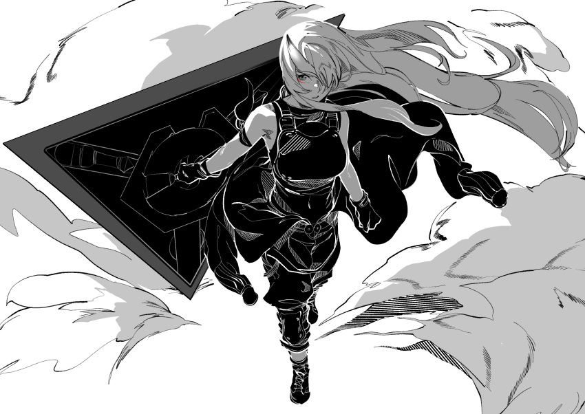 1girl arknights armband armor bare_shoulders boots breastplate breasts clenched_hand clothes_around_waist cross-laced_footwear floating_hair gloves greyscale hair_over_one_eye highres holding holding_shield horns hoshiguma_(arknights) hu_tu knee_pads lace-up_boots long_hair looking_at_viewer medium_breasts monochrome pants parted_lips shield shirt single_horn sleeveless sleeveless_shirt smoke solo spot_color walking wind