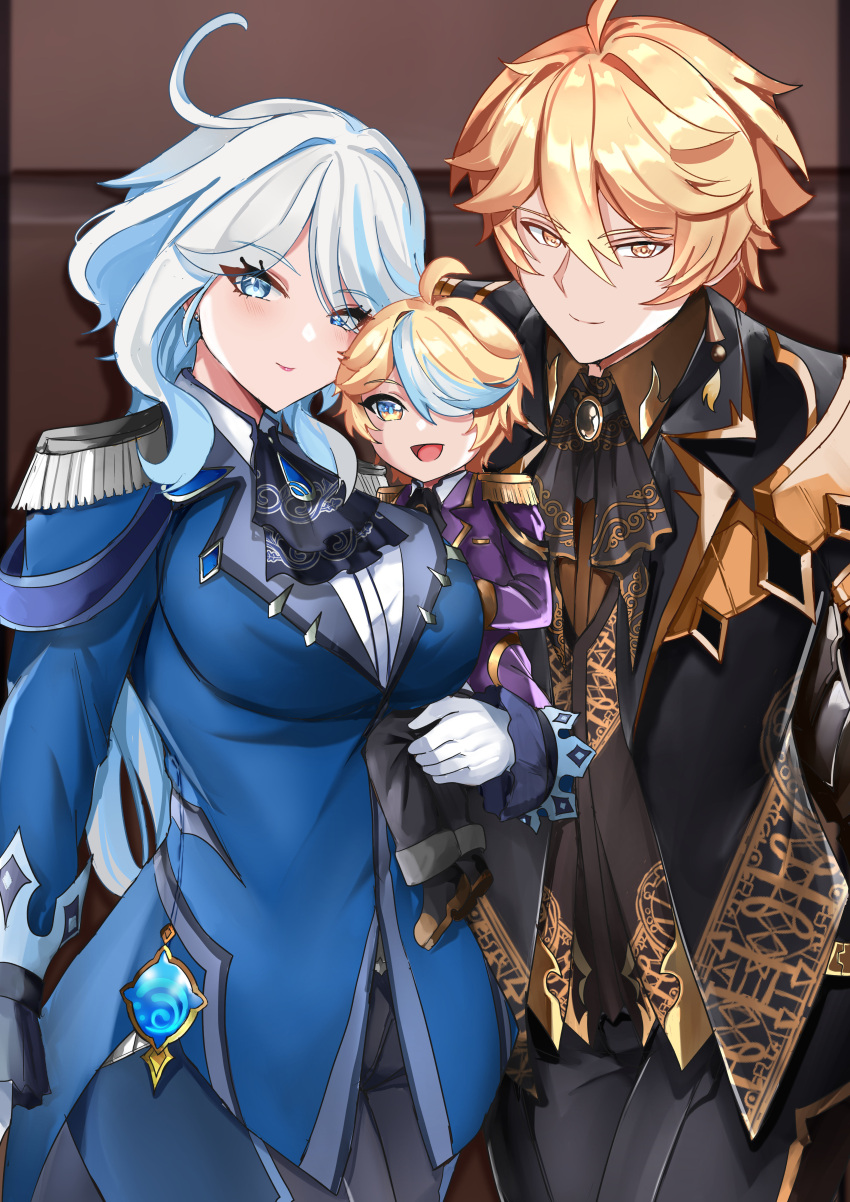 1boy 1girl absurdres aether_(genshin_impact) aged_up ahoge alternate_costume ascot black_ascot black_jacket blonde_hair blue_eyes blue_hair blue_jacket breasts brooch child closed_mouth commentary couple english_commentary epaulettes furina_(genshin_impact) genshin_impact gloves hair_between_eyes highres holding if_they_mated indoors jacket jewelry large_breasts long_hair looking_at_viewer multicolored_hair open_mouth short_hair smile tian_kazuki two-tone_hair very_long_hair vision_(genshin_impact) white_gloves white_hair yellow_eyes