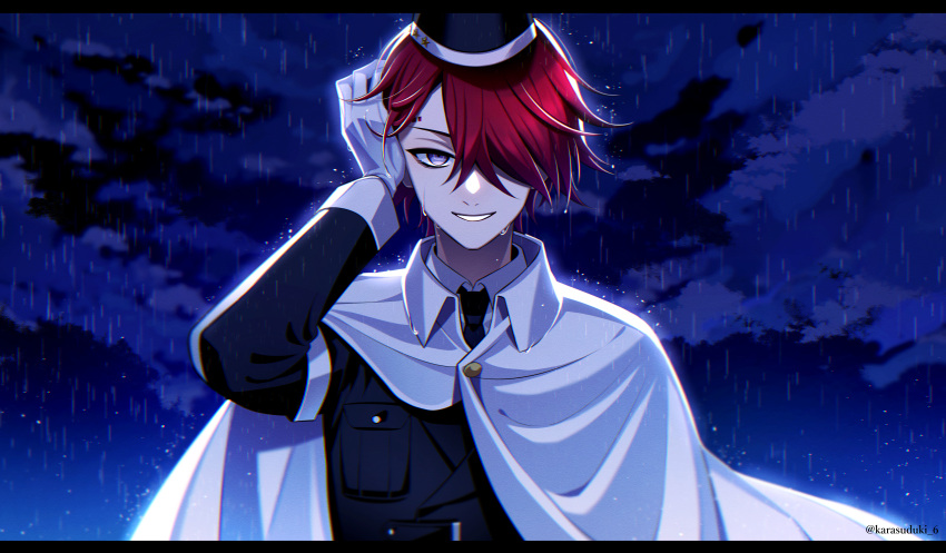 1boy absurdres black_headwear black_jacket cape cloud cloudy_sky collared_shirt grin hair_over_one_eye hand_on_own_head highres jacket karasuduki long_sleeves looking_at_viewer male_focus master_detective_archives:_rain_code night night_sky open_mouth outdoors purple_eyes rain red_hair shirt short_hair sky smile solo teeth upper_body white_cape white_shirt yomi_hellsmile