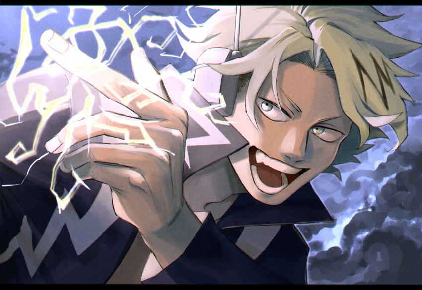 1boy adam's_apple black_jacket blonde_hair boku_no_hero_academia electricity electrokinesis fang fingernails grey_background headset jacket kaminari_denki long_sleeves looking_to_the_side male_focus multicolored_hair rnuyvm short_hair solo streaked_hair teeth