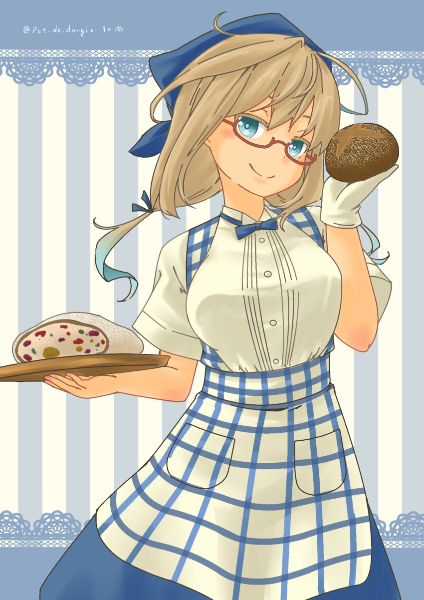 1girl absurdres ahoge alternate_costume apron blonde_hair blue_apron blue_bow blue_bowtie blue_skirt bow bowtie bread breasts checkered_apron checkered_clothes employee_uniform food gingham gingham_apron gingham_skirt glasses green_eyes head_scarf high-waist_skirt highres i-8_(kancolle) kantai_collection kobeya_uniform large_breasts long_hair looking_at_viewer low_twintails plaid plaid_apron pleated_shirt pot-de red-framed_eyewear semi-rimless_eyewear shirt short_sleeves skirt smile solo tray tri_tails twintails uniform waitress white_shirt