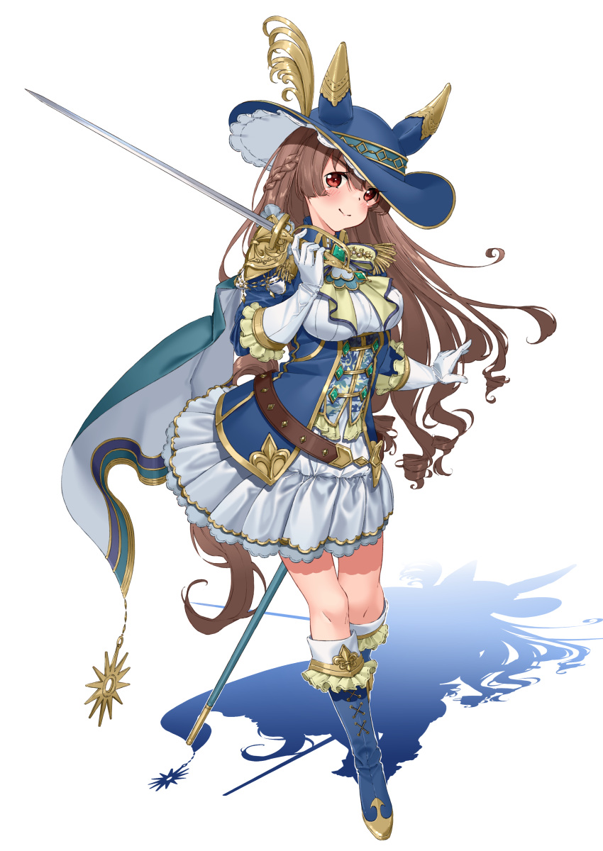 1girl absurdres animal_ears blue_footwear blue_headwear boots braid breasts brown_eyes brown_hair cape cavalier_hat commentary framed_breasts french_braid full_body gloves green_cape hair_between_eyes half_updo head_tilt highres holding holding_sword holding_weapon horse_ears horse_girl large_breasts long_hair long_sleeves looking_at_viewer multicolored_hair musketeer official_alternate_costume sagoromo_04 satono_diamond_(chevalier_bleu)_(umamusume) satono_diamond_(umamusume) shadow smile solo streaked_hair sword umamusume unsheathed weapon white_gloves
