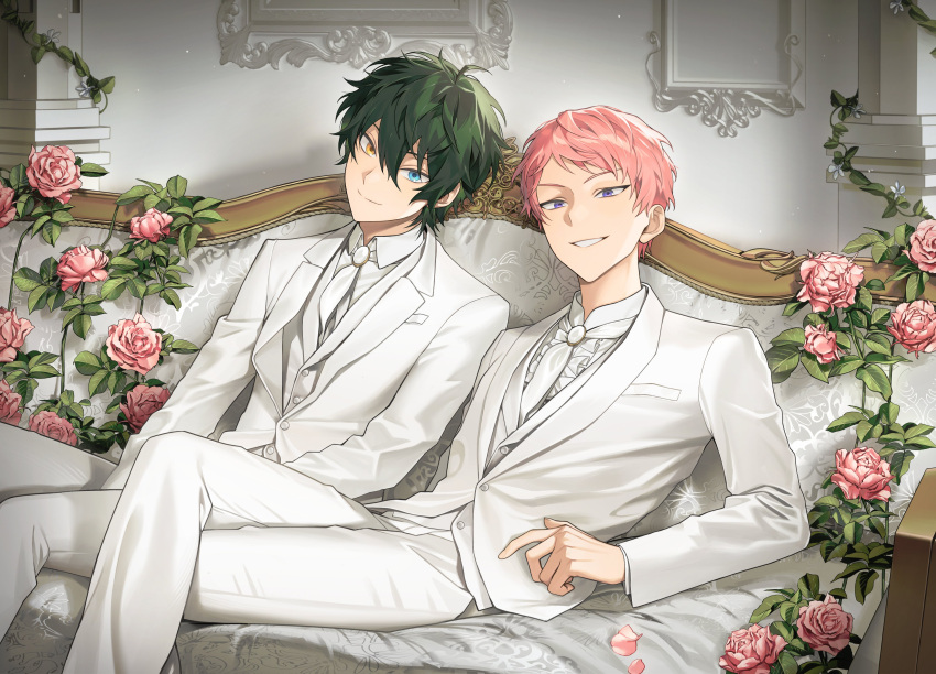 11942tm 2boys absurdres alternate_costume blazer blue_eyes buttons closed_mouth collared_shirt commentary_request crossed_legs ensemble_stars! flower formal green_hair hair_between_eyes heterochromia highres indoors itsuki_shu jacket kagehira_mika korean_commentary lapels leaf long_sleeves looking_at_viewer male_focus multiple_boys necktie notched_lapels pants petals pink_flower pink_hair pink_rose purple_eyes rose shirt short_hair sitting split_mouth teeth valkyrie_(ensemble_stars!) white_jacket white_necktie white_pants yellow_eyes