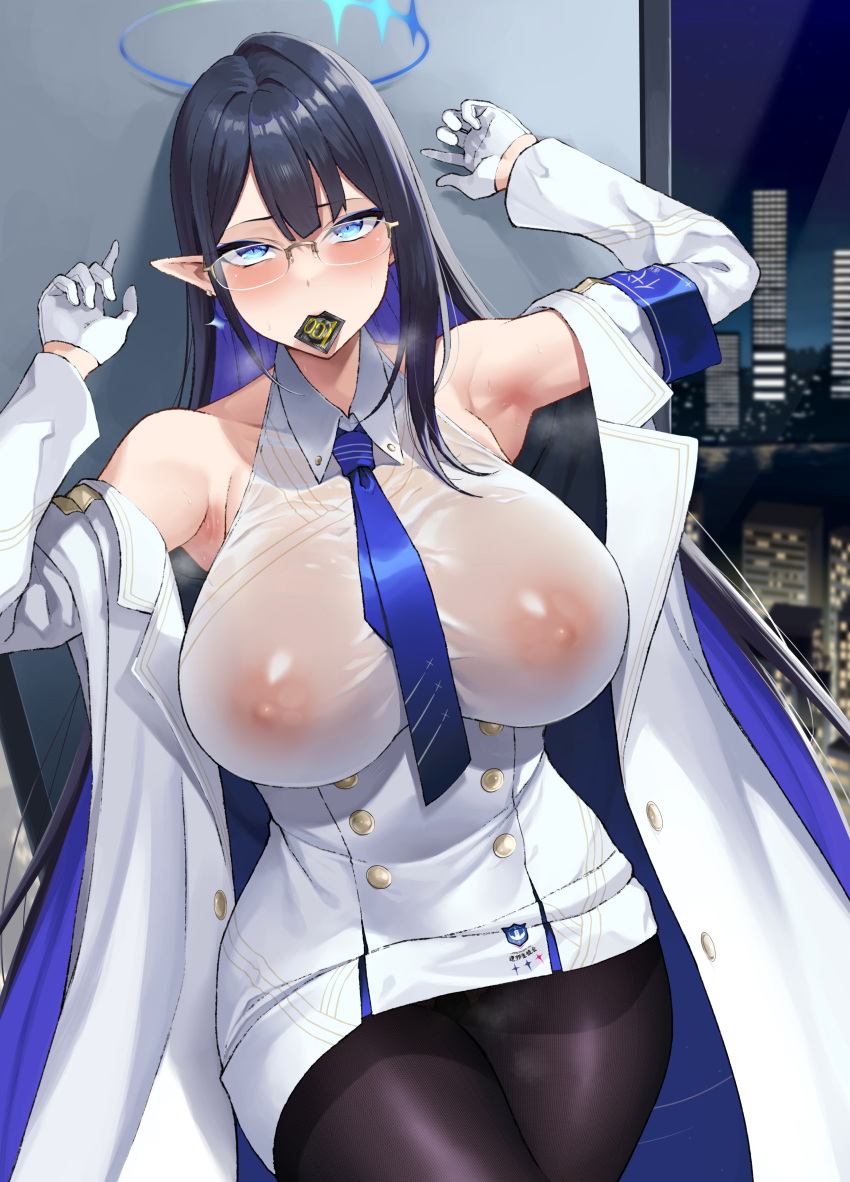 1girl absurdres ahoge armpits arms_up asakura_kukuri bare_shoulders black_hair blue_archive blue_eyes blue_necktie blush breasts buttons condom condom_in_mouth condom_wrapper covered_nipples dress gloves hair_between_eyes halo highres huge_breasts impossible_clothes indoors long_hair looking_at_viewer mouth_hold necktie night night_sky no_bra pointy_ears rin_(blue_archive) see-through sky sleeveless sleeveless_dress solo sweat thighs very_long_hair white_dress white_gloves