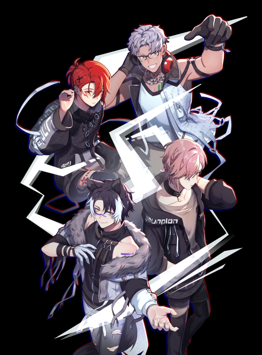 4boys animal_ears arurandeisu black_background black_gloves black_hair black_shorts chain_necklace fur-trimmed_jacket fur_trim glasses gloves grey_hair hair_between_eyes hair_ornament hairpin hanasaki_miyabi headphones headphones_around_neck high_collar highres holostars jackal_boy jackal_ears jackal_tail jacket jewelry kageyama_shien looking_at_viewer looking_to_the_side male_focus mono_(bluesky) multicolored_hair multiple_boys necklace one_eye_covered open_clothes open_jacket pants pink_hair red_hair rikka_(holostars) short_hair shorts smile standing strap two-tone_hair white_gloves white_hair yellow_eyes