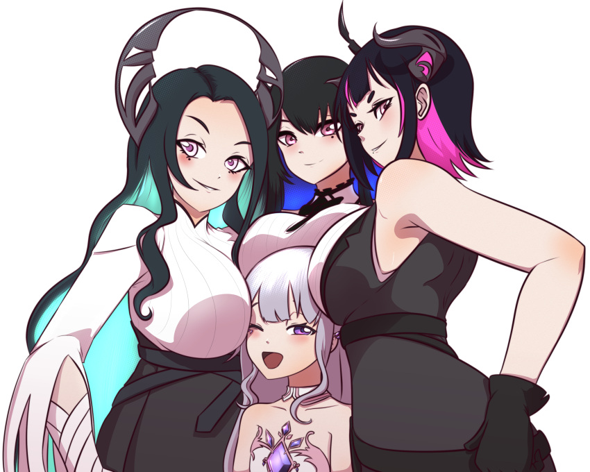 4girls :d absurdres anerissa_ravencroft aqua_hair bare_shoulders black_gloves black_hair blue_hair breast_rest breasts breasts_on_head chest_jewel colored_inner_hair demon_girl gloves height_difference highres hololive hololive_english holykoshi horns koseki_bijou large_breasts long_hair mole mole_under_eye multicolored_hair multiple_girls nerissa_ravencroft one_eye_closed oneerissa_ravencroft open_mouth pink_eyes pink_hair purple_eyes short_hair siblings simple_background sisters sleeveless smile very_long_hair white_background