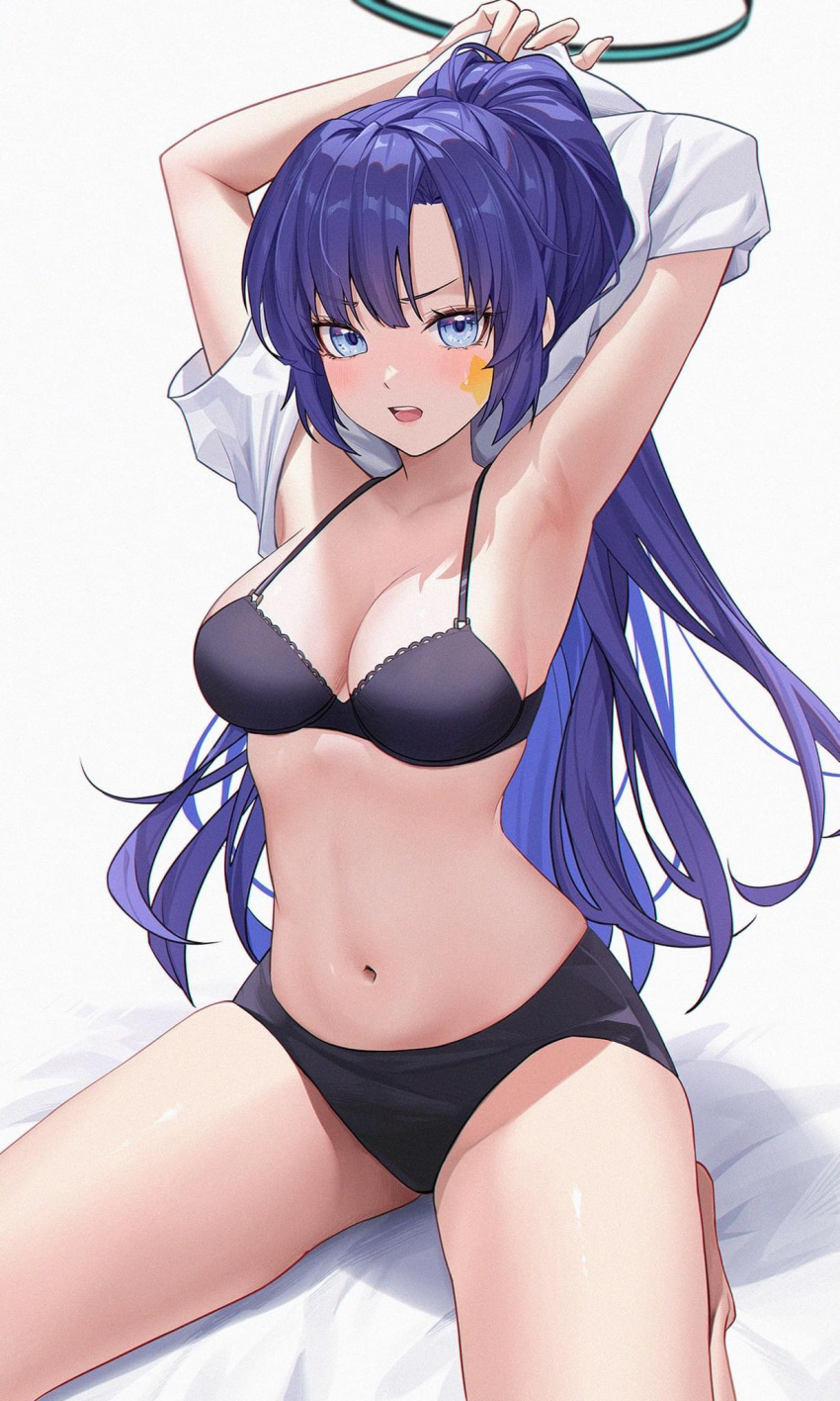 1girl armpits arms_up black_bra black_buruma blue_archive blue_eyes bra buruma halo highres kneeling long_hair looking_at_viewer noho_(yp6166) open_mouth parted_bangs partially_undressed ponytail purple_hair shirt solo star_sticker sticker_on_face underwear very_long_hair white_shirt yuuka_(blue_archive)