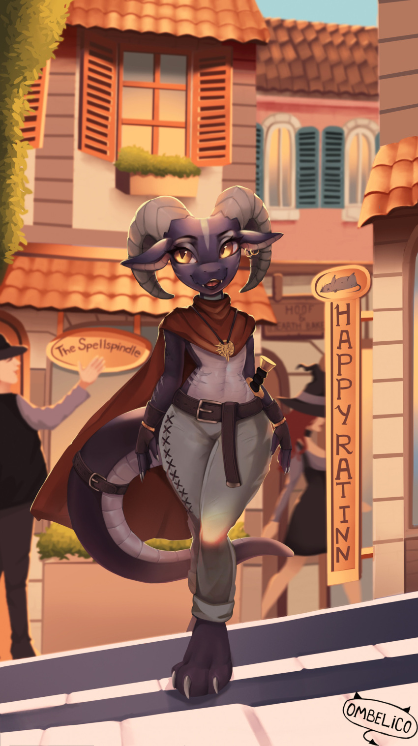 2023 absurd_res anthro black_body black_scales city city_background claws clothed clothing colored curled_horn digital_drawing_(artwork) digital_media_(artwork) ear_piercing ear_ring fantasy female flat_chested front_view hi_res horn houses kazarra_the_kobold kobold markings ombelico outside piercing reptile ring_piercing scales scalie shaded short_sword smile solo tail tavern teeth weapon yellow_eyes