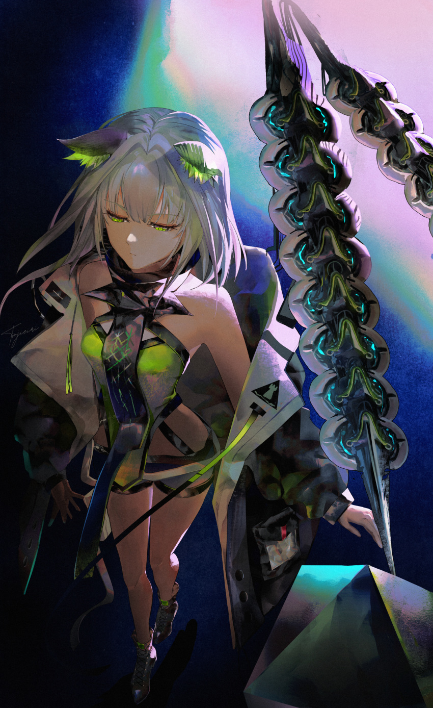 1girl absurdres animal_ear_fluff animal_ears arknights bare_legs bare_shoulders black_footwear black_jacket black_shorts breasts cat_ears closed_mouth expressionless foreshortening from_above green_eyes grey_hair highres jacket kal'tsit_(arknights) kal'tsit_(remnant)_(arknights) long_sleeves looking_down off_shoulder official_alternate_costume open_clothes open_jacket rhodes_island_logo short_hair short_shorts shorts small_breasts solo tsujieiri walking weapon