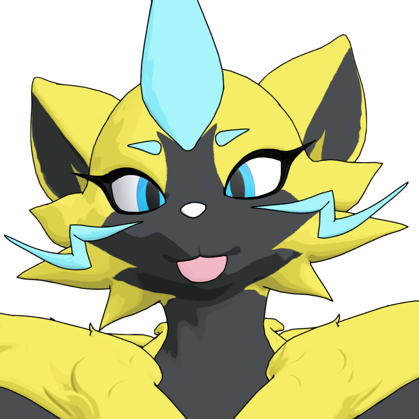 ambiguous_gender anthro blep blue_body blue_eyes blue_fur blue_markings cel_shading ebonclaws fur generation_7_pokemon grey_body legendary_pokemon looking_at_viewer markings nintendo pokemon pokemon_(species) shaded solo tongue tongue_out warfare_zeraora yellow_body yellow_fur zeraora