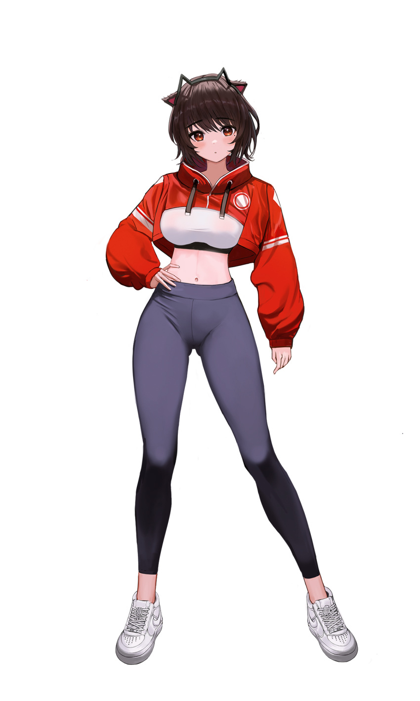 1girl animal_ears black_hairband black_pants breasts brown_hair cat_ears commission crop_top cropped_jacket drawstring fake_animal_ears full_body hairband hand_on_hip high_collar highres jacket large_breasts leggings long_sleeves midriff mole mole_under_eye moth1 navel original pants parted_lips prunechi red_eyes red_jacket shirt shoes short_hair simple_background sneakers solo standing stomach white_background white_footwear white_shirt