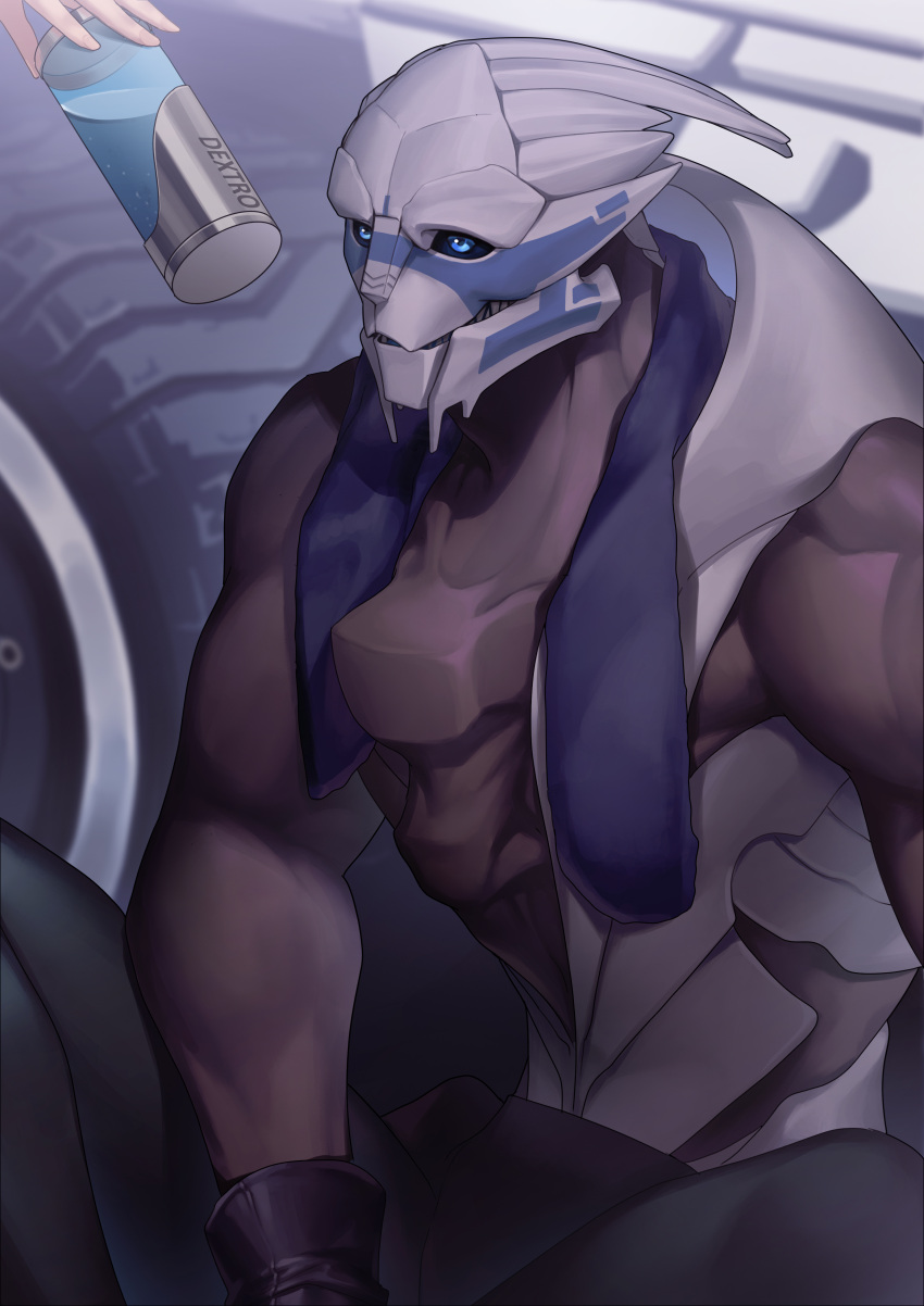 absurd_res alien ambiguous_gender blue_eyes bodypaint bottomwear clothed clothing duo face_paint garrus_vakarian glass gloves handwear hi_res human humanoid leafjuly male mammal mass_effect muscular muscular_male pants sitting solo_focus teeth topless towel towel_around_neck turian vehicle water