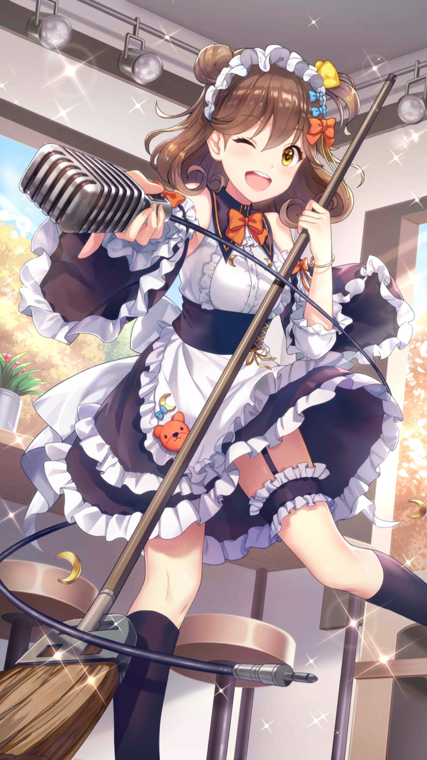 1girl ;d apron bar_stool bare_shoulders black_dress black_sleeves black_socks blue_bow bow bowtie bridal_garter broom brown_hair center_frills detached_sleeves dress feet_out_of_frame frilled_dress frilled_sleeves frills garter_straps girl_cafe_gun hair_bow hair_bun highres holding holding_broom holding_microphone indoors kneehighs leg_up looking_at_viewer maid maid_headdress medium_hair microphone official_art one_eye_closed one_side_up orange_bow orange_bowtie outstretched_arm plant potted_plant reaching reaching_towards_viewer single_garter_strap single_side_bun sleeveless sleeveless_dress smile socks solo sparkle stage_lights standing standing_on_one_leg stool su_xiaozhen vintage_microphone waist_apron white_apron window yellow_eyes