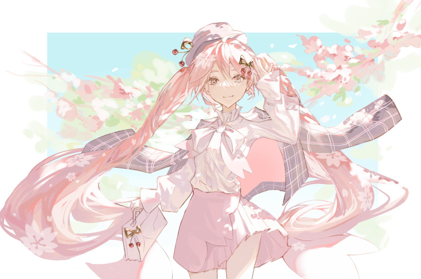 1girl chaoxicha chinese_commentary commentary floating_clothes floating_hair hatsune_miku highres long_hair looking_at_viewer official_alternate_costume pink_eyes pink_hair pink_skirt sakura_miku sakura_miku_(rella) skirt smile solo twintails very_long_hair vocaloid